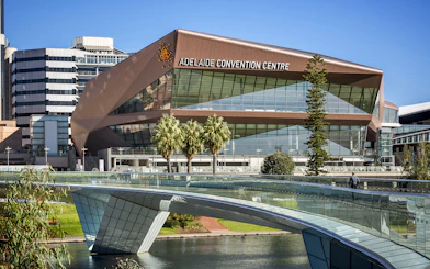 Adelaide Convention Centre with modern architecture and pedestrian bridge in Adelaide.