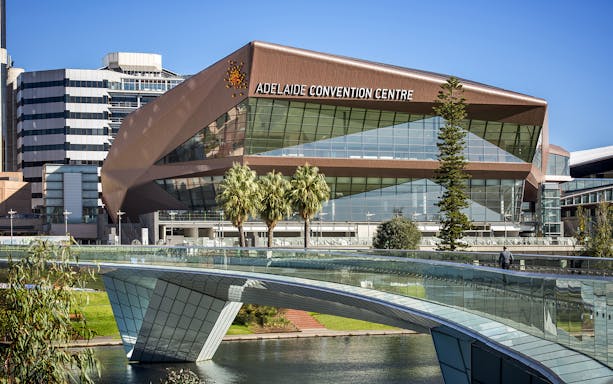 Adelaide Convention Centre with modern architecture and pedestrian bridge in Adelaide.