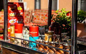 Turkish coffee pots and ingredients on display during Istanbul food tour.