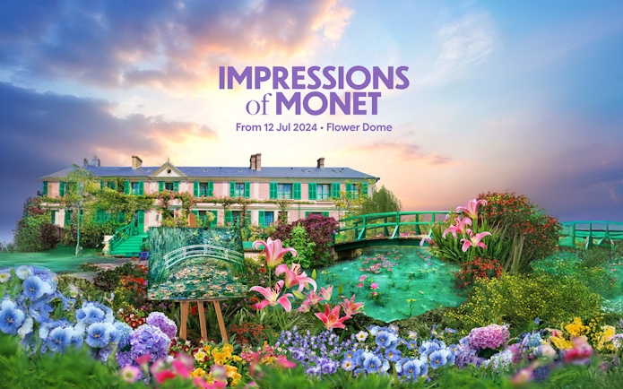 Monet's Water Lilies painting at Gardens by the Bay, featuring vibrant flowers and a green bridge.