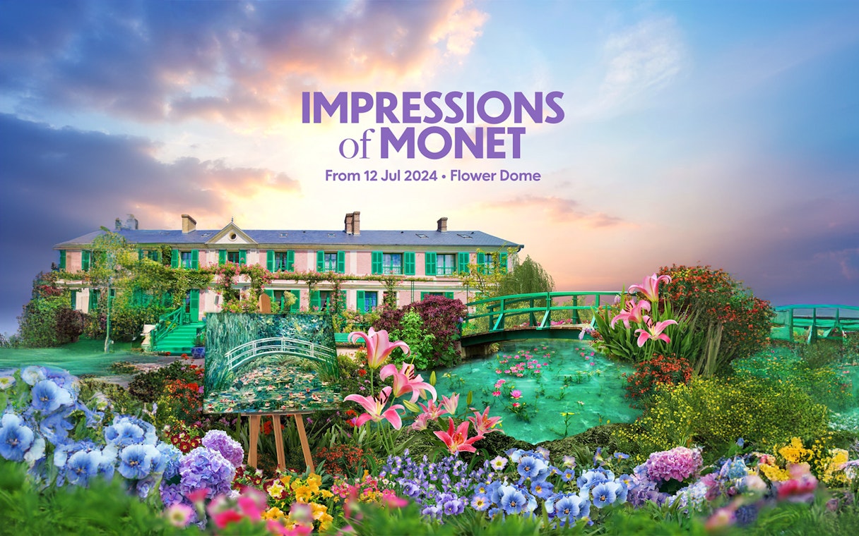 Monet's Water Lilies painting at Gardens by the Bay, featuring vibrant flowers and a green bridge.