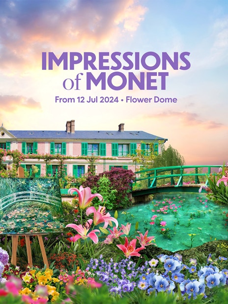 Monet's Water Lilies painting at Gardens by the Bay, featuring vibrant flowers and a green bridge.