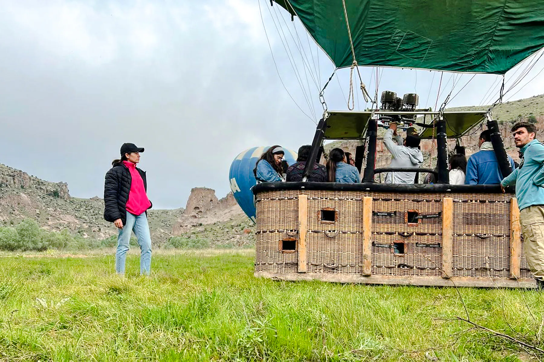 Hot air balloon preparing for flight in Ihlara Valley, Cappadocia.