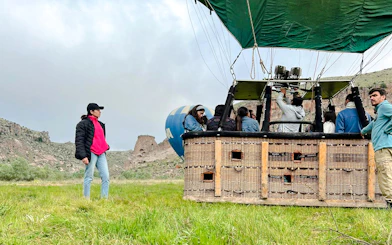 Hot air balloon preparing for flight in Ihlara Valley, Cappadocia.