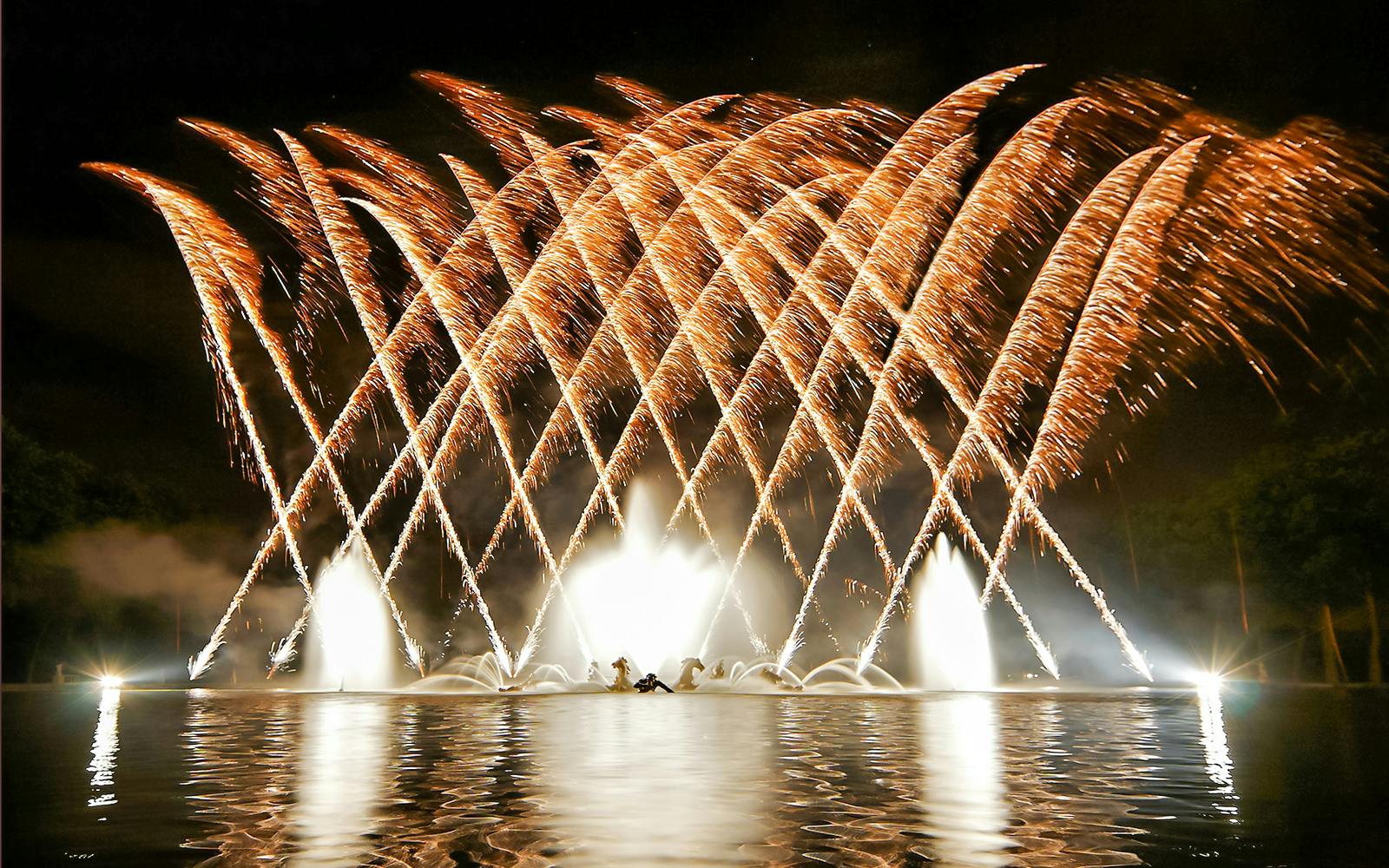 Versailles Night Fountains Show with fireworks illuminating the water.