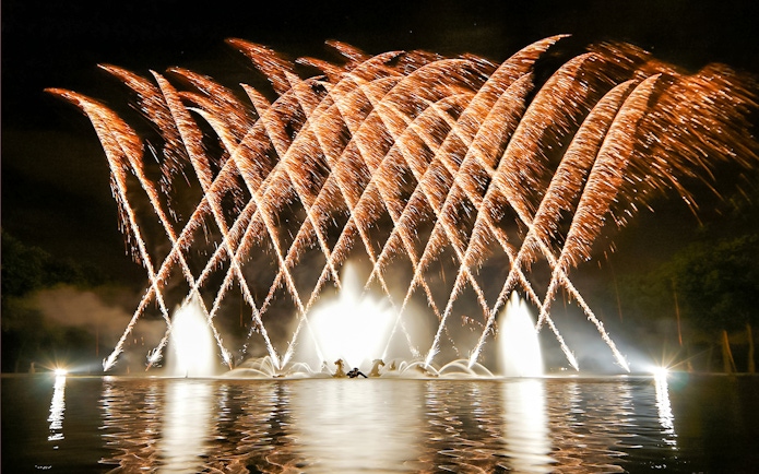 Versailles Night Fountains Show with fireworks illuminating the water.
