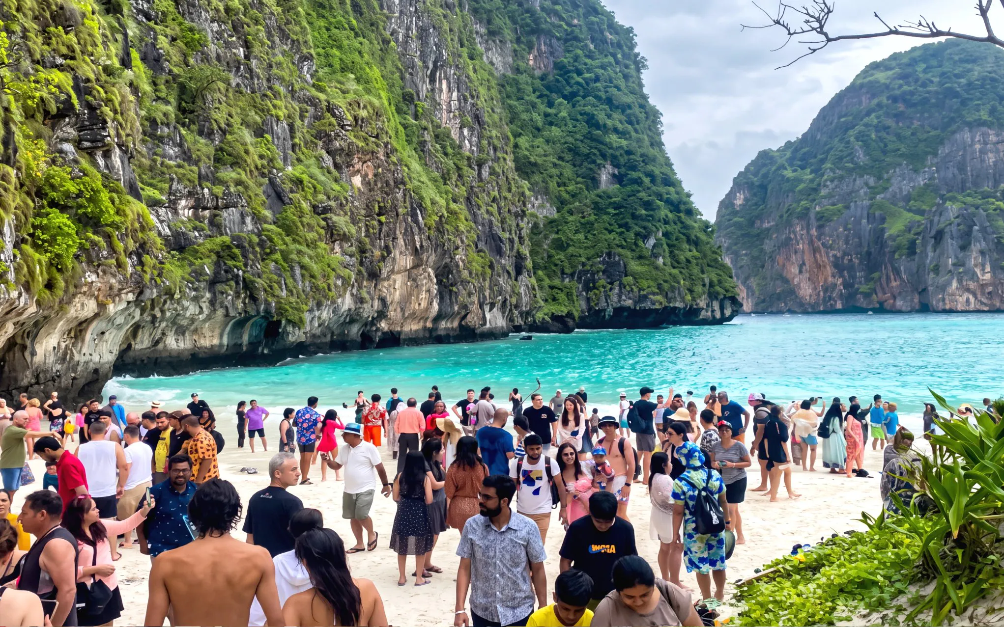 Tourists gather on Maya Bay beach with turquoise water and limestone cliffs in the background.