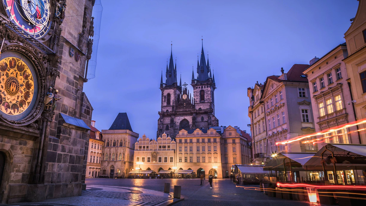 Astronomical Clock and Tyn Church in Old Town Square, Prague, Czech Republic.