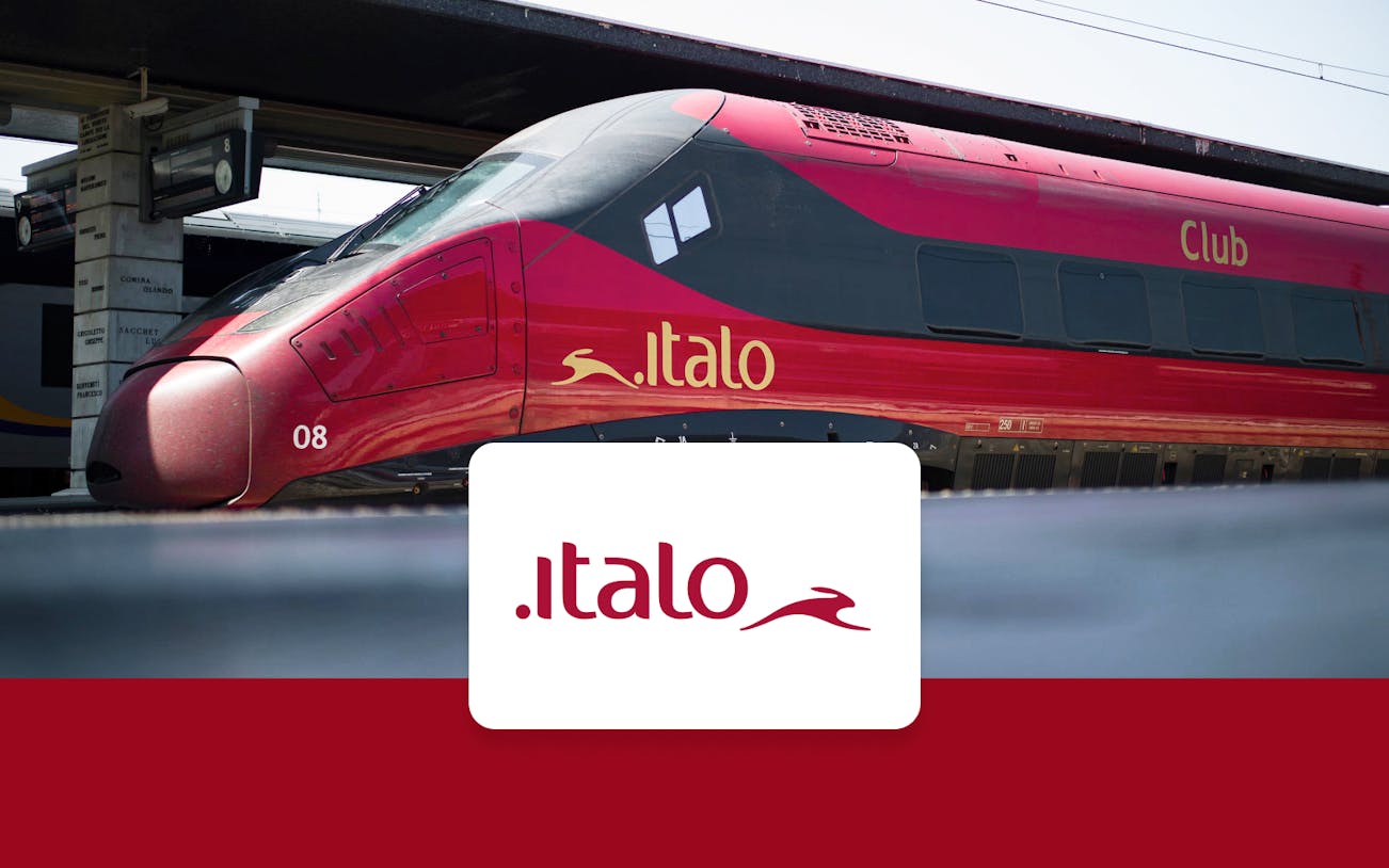 Italo high-speed train at a station, offering travel from Milan to Florence.
