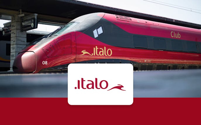 Italo high-speed train at a station, offering travel from Milan to Florence.