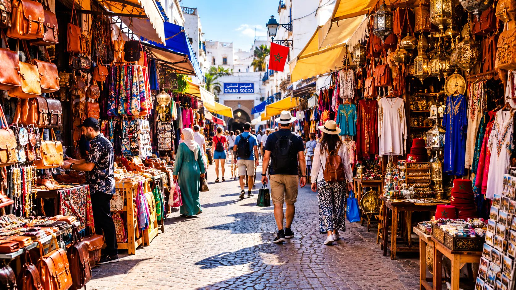 Shoppers explore vibrant souks and local markets in Tangier, Morocco.