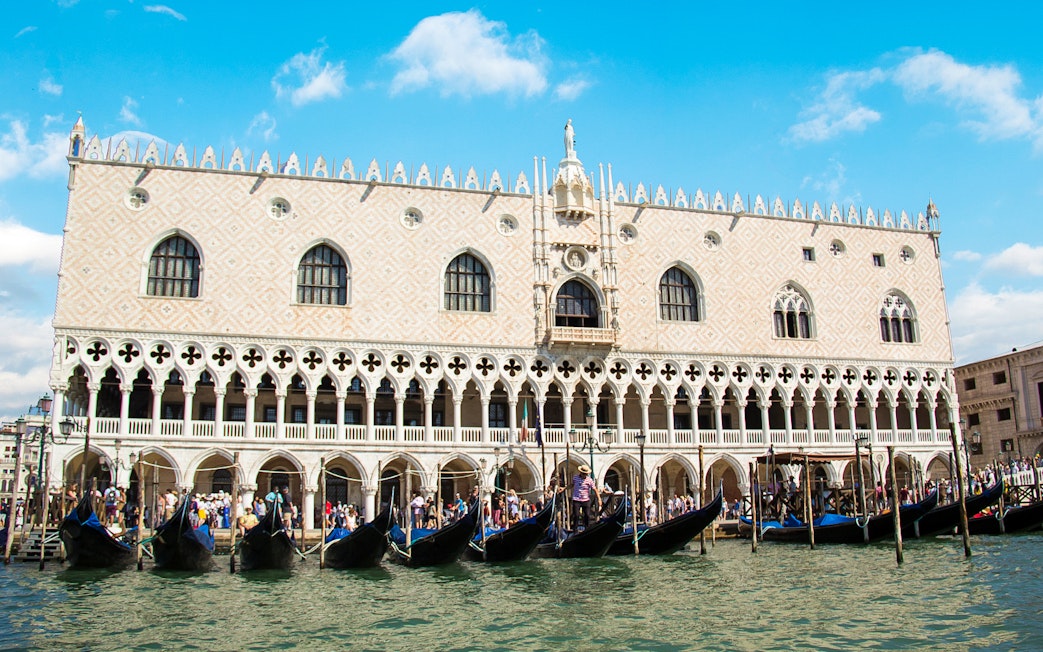 Gondolas in front of Doge's Palace, Venice, Italy.
