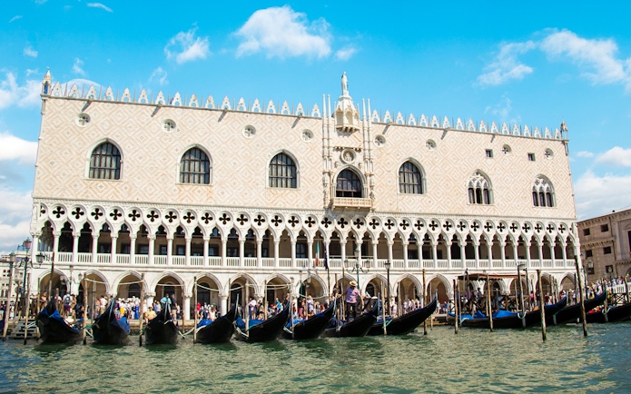 Gondolas in front of Doge's Palace, Venice, Italy.
