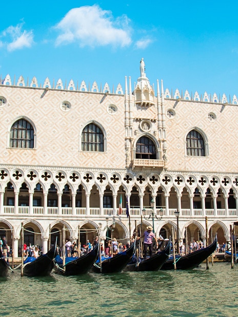 Gondolas in front of Doge's Palace, Venice, Italy.