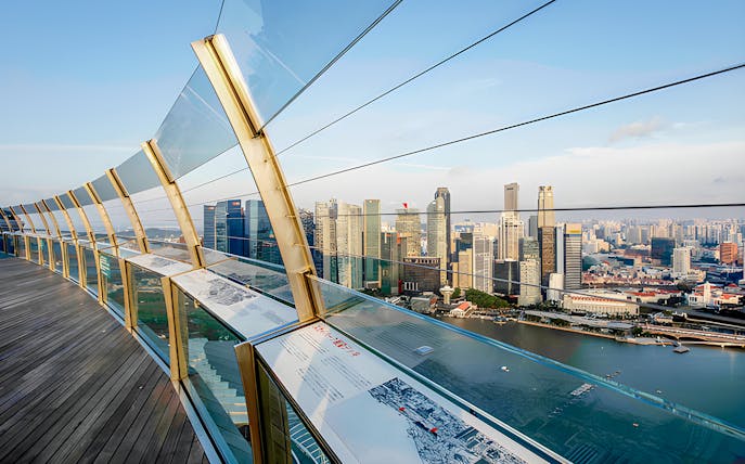 Marina Bay Sands SkyPark Observation Deck overlooking Singapore skyline and waterfront.