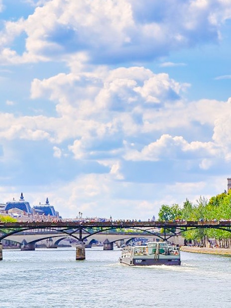 Seine River cruise boat passing under a bridge in Paris.