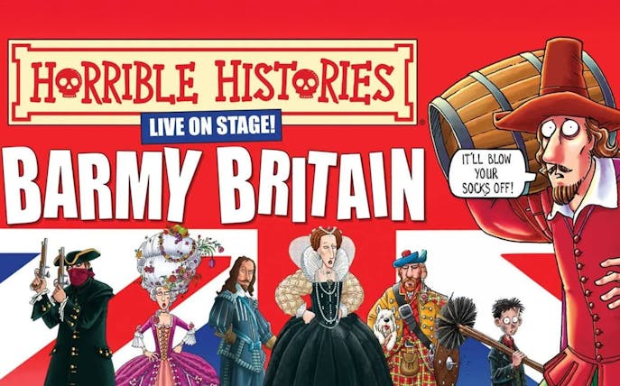 Characters from Horrible Histories: Barmy Britain - Part Five! in historical costumes against a British flag backdrop.