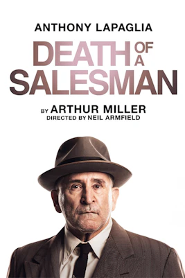 Arthur Miller's "Death of a Salesman" play poster with a silhouette of a man in a hat.