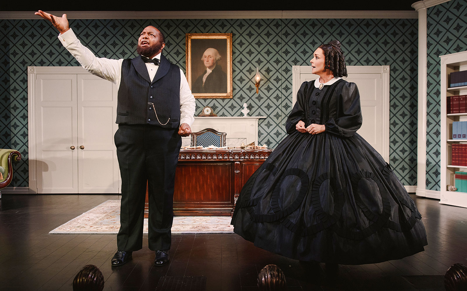 Actors performing a scene from "Oh, Mary!" Broadway show on stage.