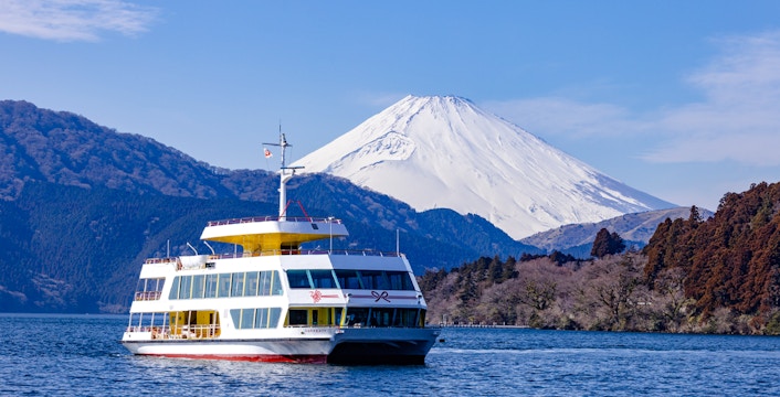 Cruise ship on Lake Ashi with Mt Fuji in the background, Hakone, Japan.