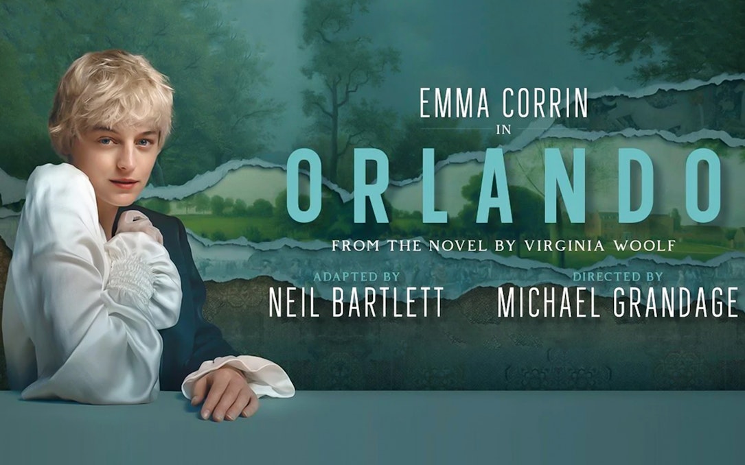 Orlando play poster with actor in period costume, adapted from Virginia Woolf's novel.