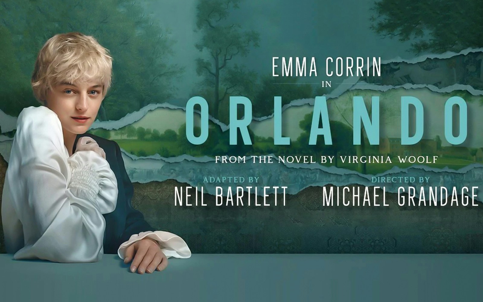 Orlando play poster with actor in period costume, adapted from Virginia Woolf's novel.