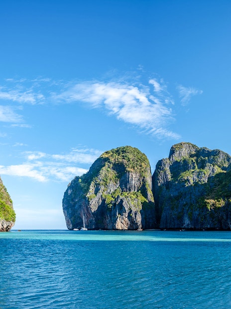 Limestone cliffs of Phi Phi Leh island in the turquoise Andaman Sea.