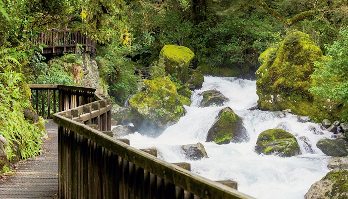 te anau milford sound, El pórtico de la pista del lago Marian, Nueva Zelanda