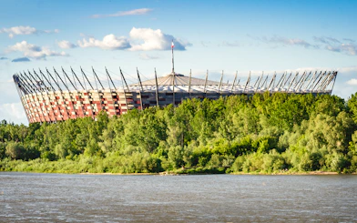 Stadium view from the Vistula River on a Traditional Galar Cruise in Warsaw, Poland.