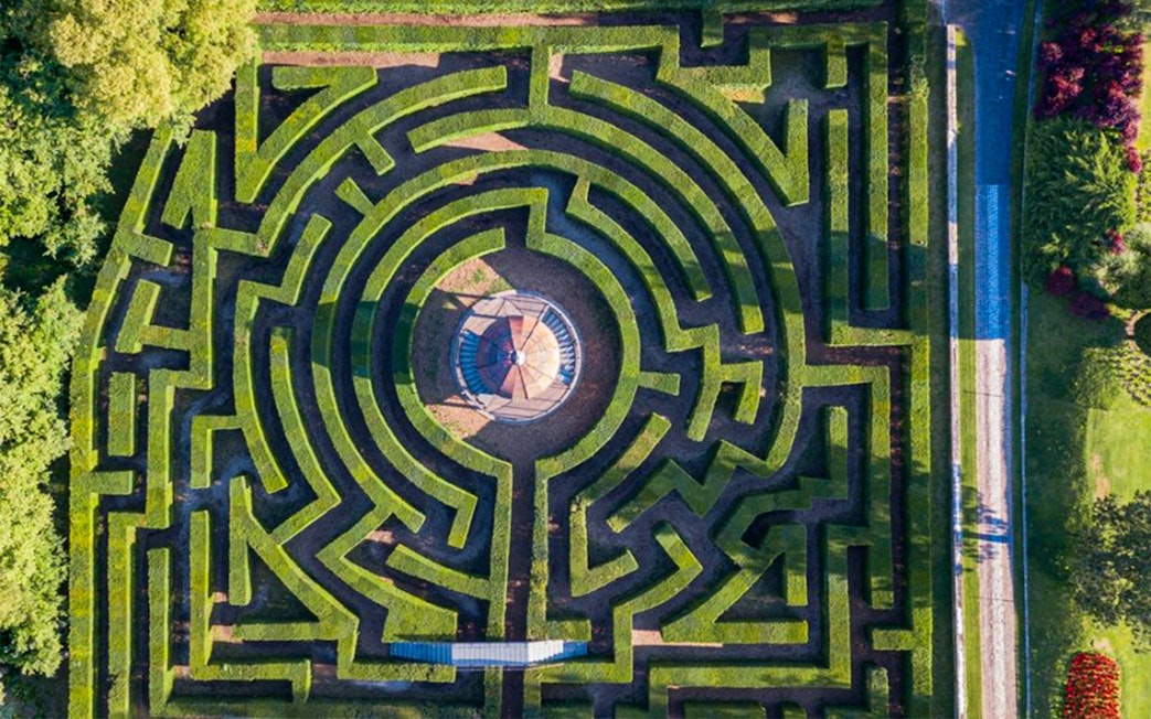 Aerial view of the maze at Parco Giardino Sigurtà, Italy.