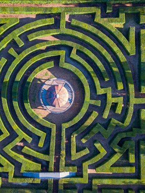 Aerial view of the maze at Parco Giardino Sigurtà, Italy.