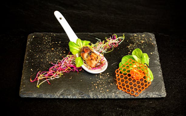 Gourmet dish with sprouts and garnish on Budapest dinner cruise.