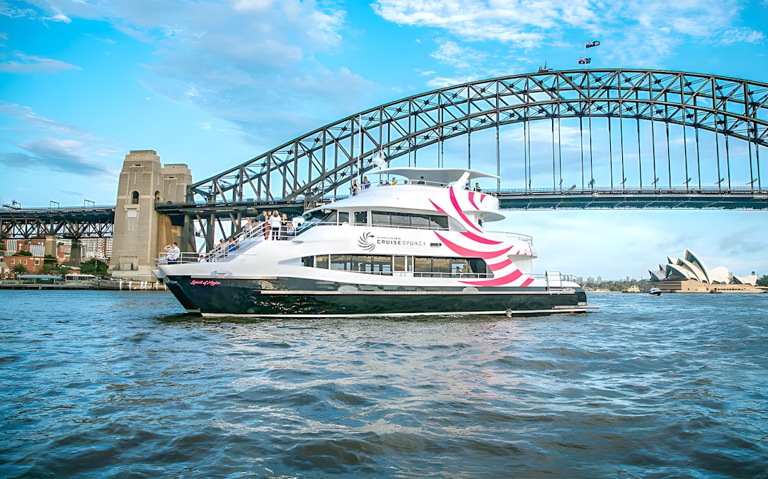 Cruise ship on Sydney Harbour with Harbour Bridge and Opera House in view.