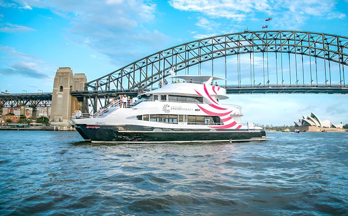 Cruise ship on Sydney Harbour with Harbour Bridge and Opera House in view.