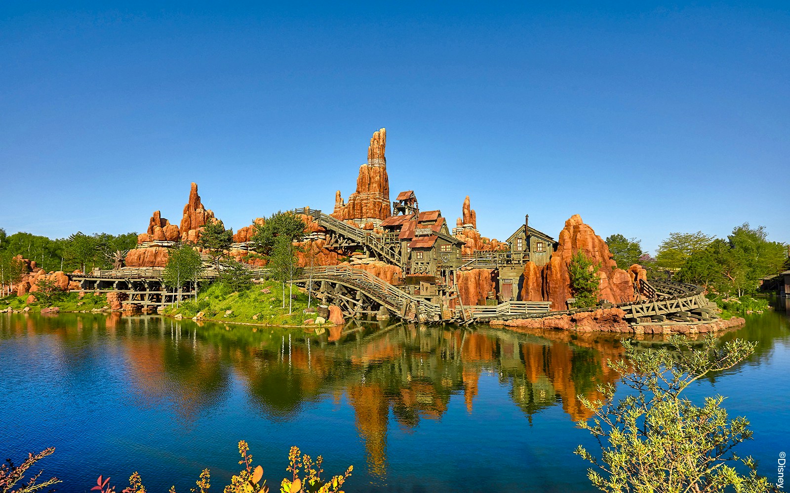 Frontierland at Disneyland Paris Park with Big Thunder Mountain Railroad in the background.