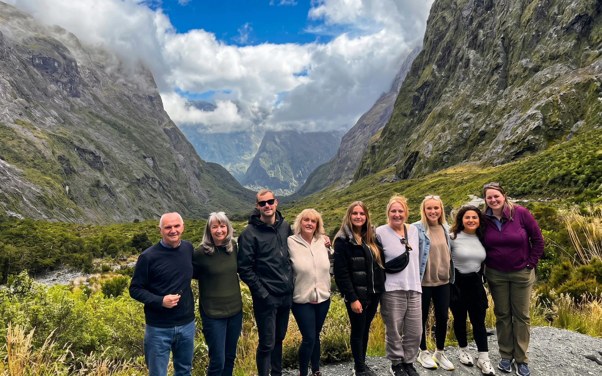 Group of tourists at Milford Sound with mountain backdrop, Te Anau departure.