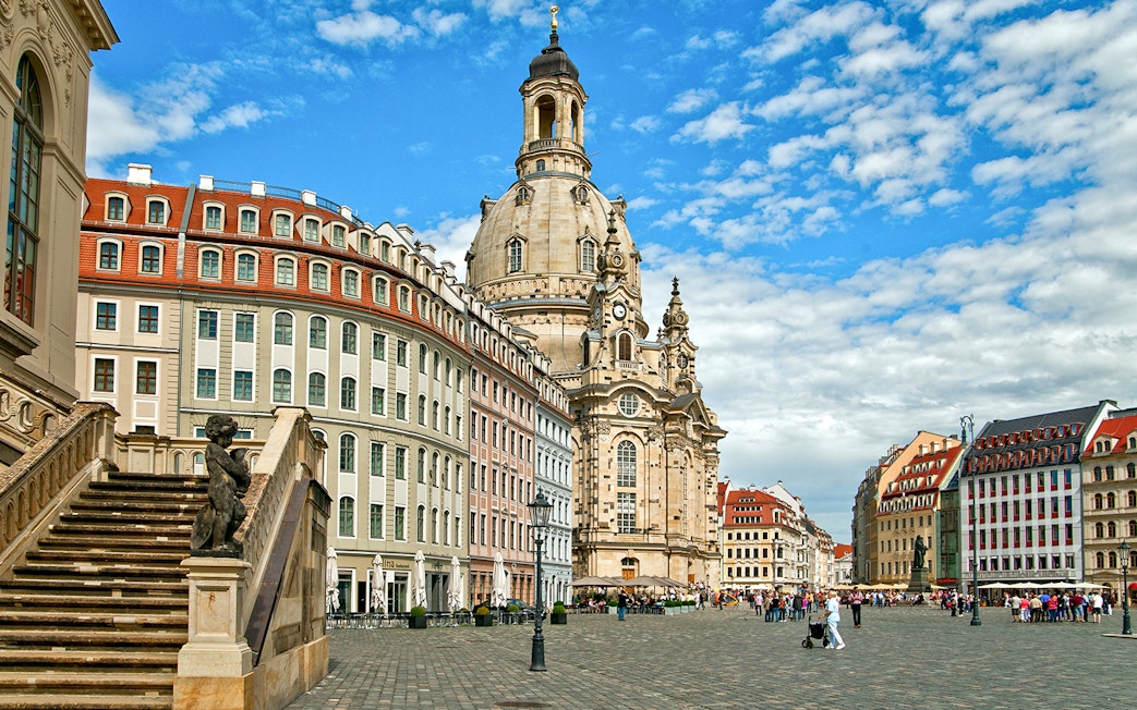 Dresden Frauenkirche and surrounding architecture during Altstadtrundgang tour.