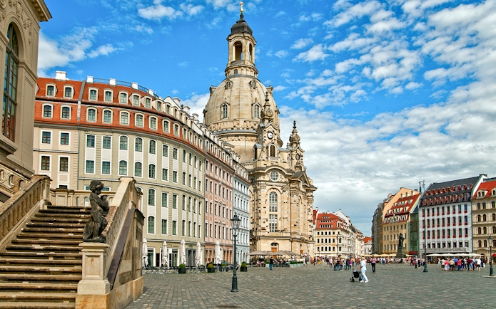 Dresden Frauenkirche and surrounding architecture during Altstadtrundgang tour.