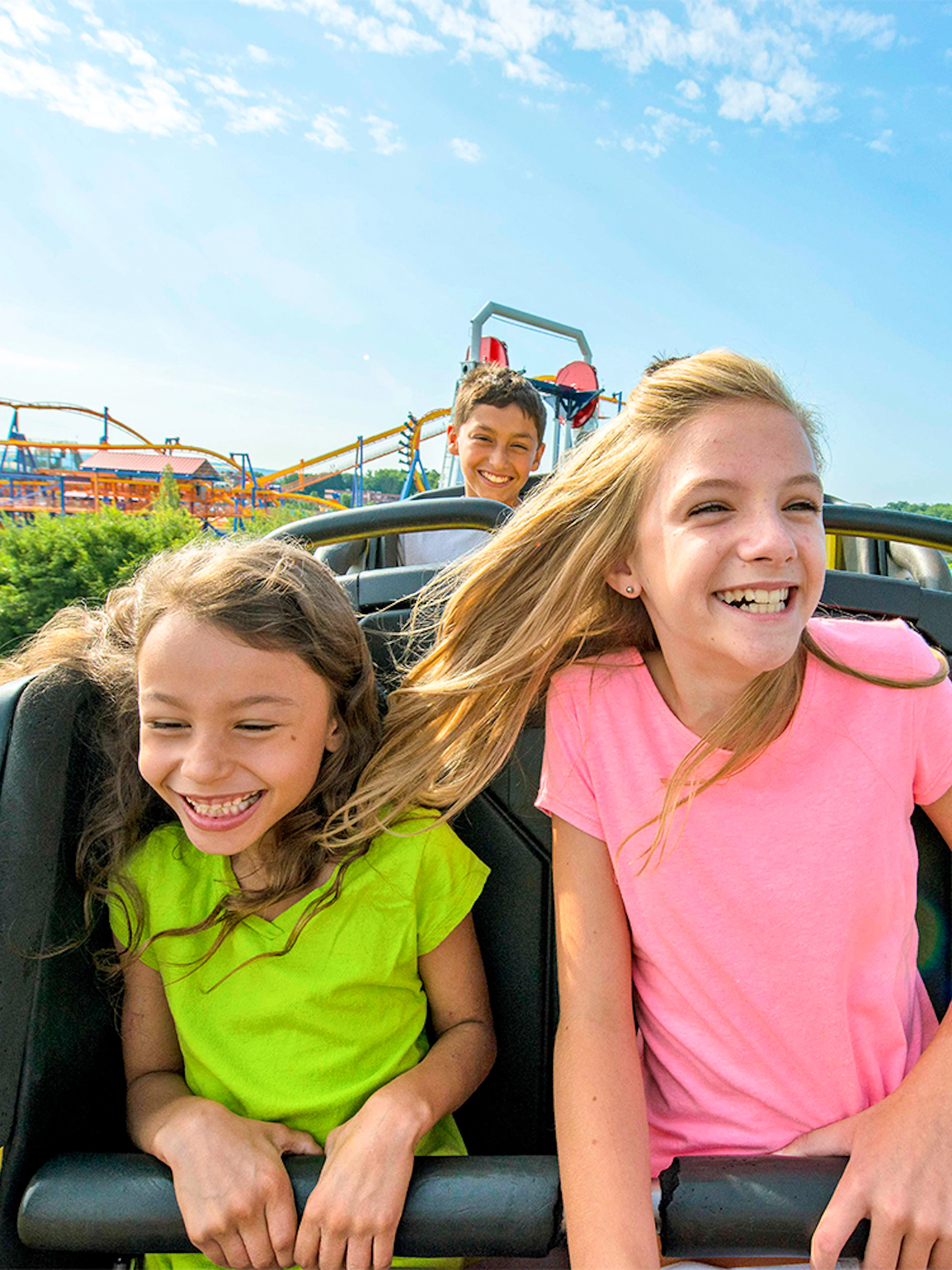 Children enjoying the Wild Mouse roller coaster at Dorney Park, Six Flags.