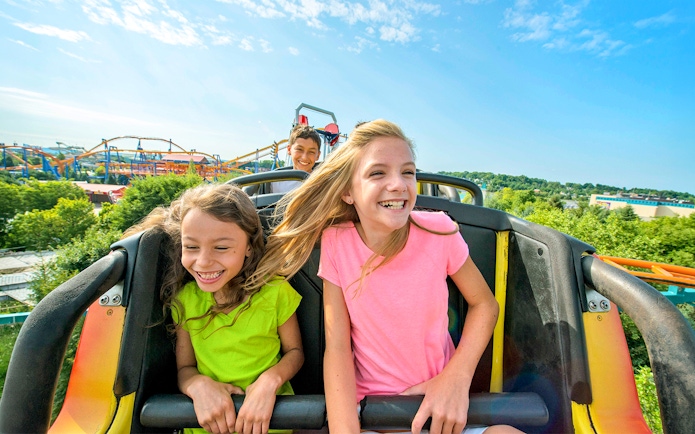 Children enjoying the Wild Mouse roller coaster at Dorney Park, Six Flags.