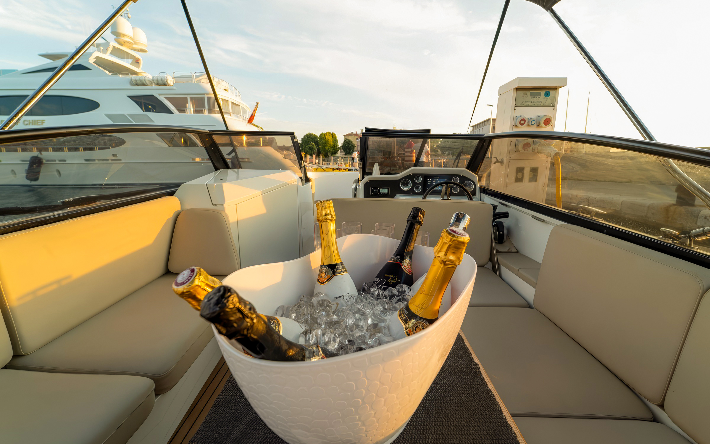 Champagne bottles in ice bucket on cruise deck, Zadar, Croatia.