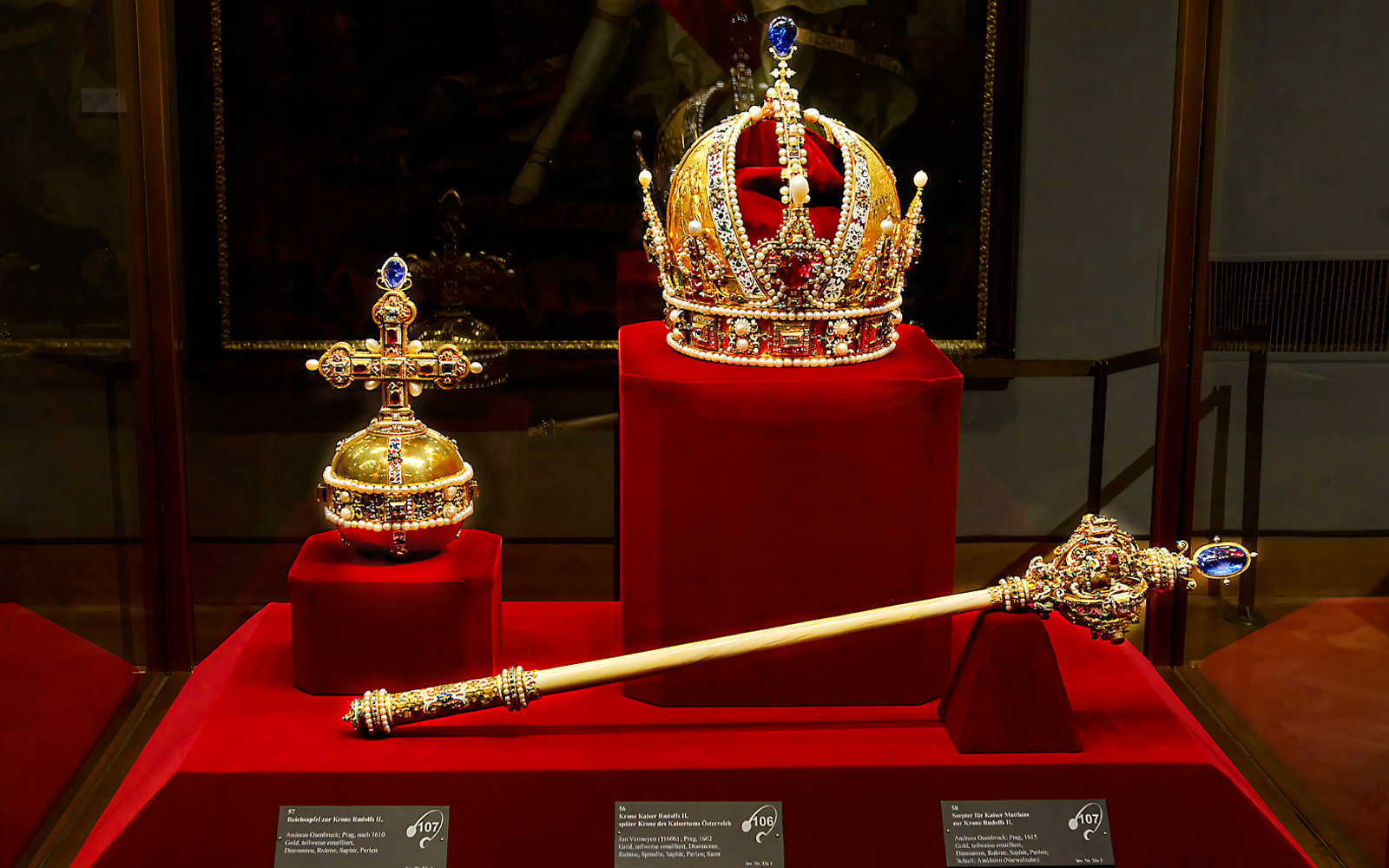 Imperial crown, orb, and scepter displayed at the Imperial Treasury in Vienna.