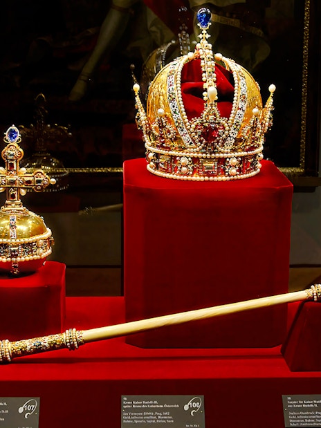 Imperial crown, orb, and scepter displayed at the Imperial Treasury in Vienna.