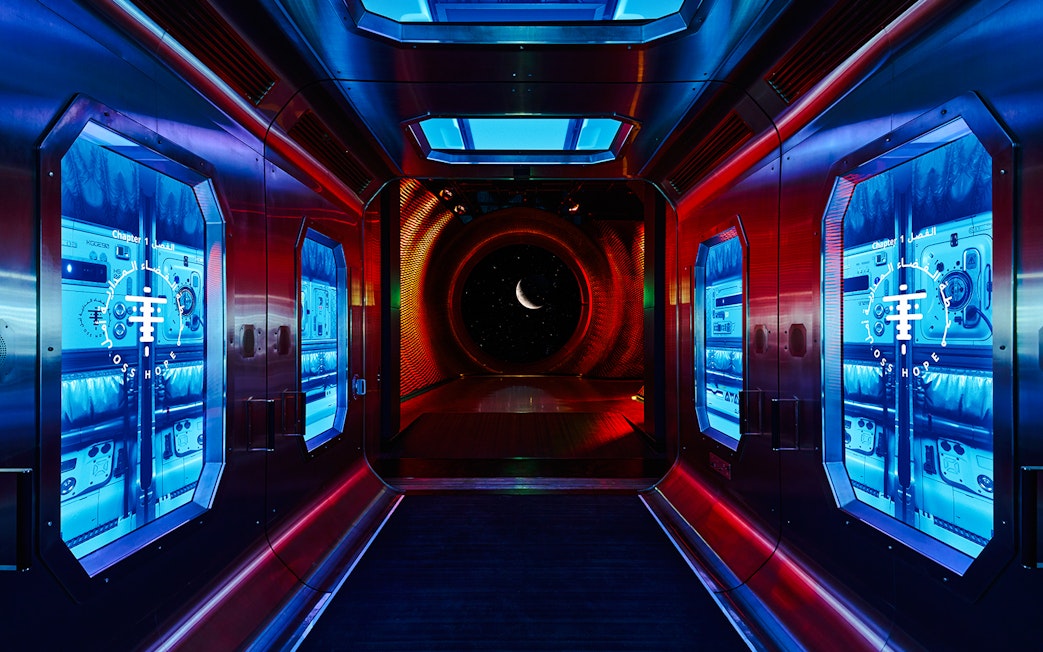 Futuristic corridor with crescent moon view at Museum Of The Future, Dubai.