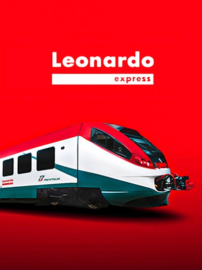 Leonardo Express train against a red background, Italy.
