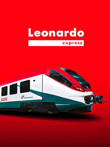 Leonardo Express train against a red background, Italy.
