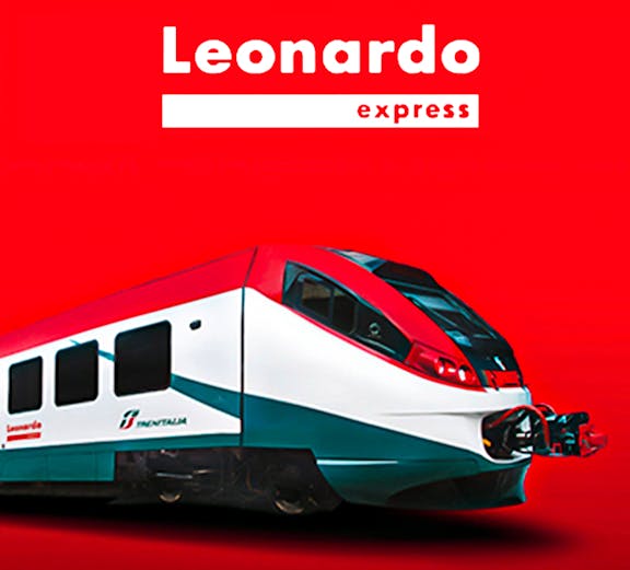 Leonardo Express train against a red background, Italy.