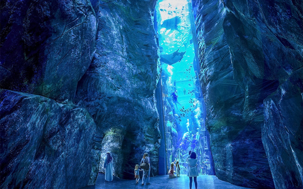 Underwater aquarium tunnel with visitors observing marine life and divers.