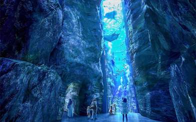 Underwater aquarium tunnel with visitors observing marine life and divers.