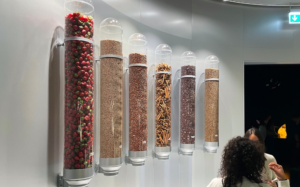 Tubes of chocolate ingredients displayed at Lindt Home of Chocolate Museum Zurich.